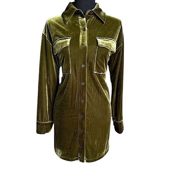 WAYF Long Sleeve Velvet Shirtdress, Olive Green, Oversized Button Up Top, Sz XS - Picture 3 of 10